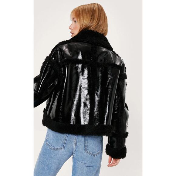 Nasty Gal Aviator Jacket Faux Fur Trim Shiny Black Modern Boxy Size 6 Womens - Picture 2 of 12